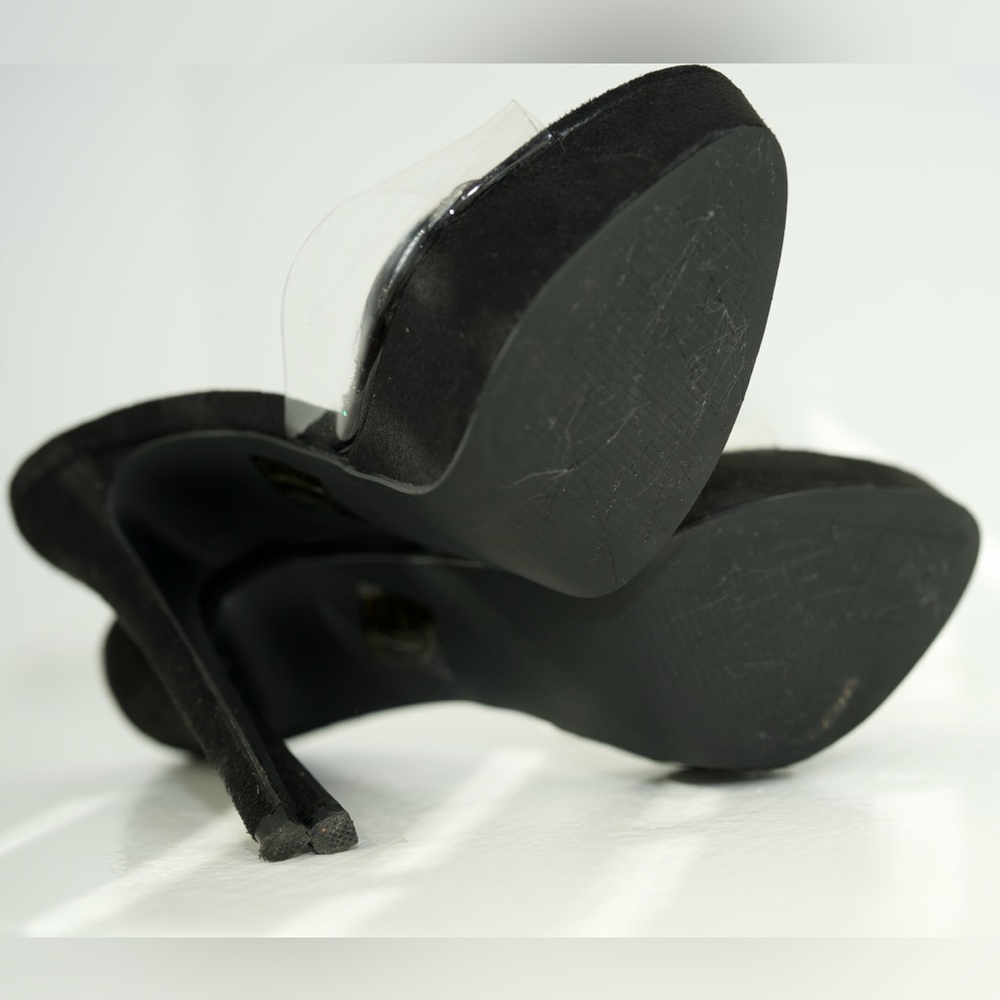 Pretty Little Thing BLACK HIGH PLATFORM CLEAR MULE SANDALS Suede PVC Size UK 6 - Picture 8 of 16